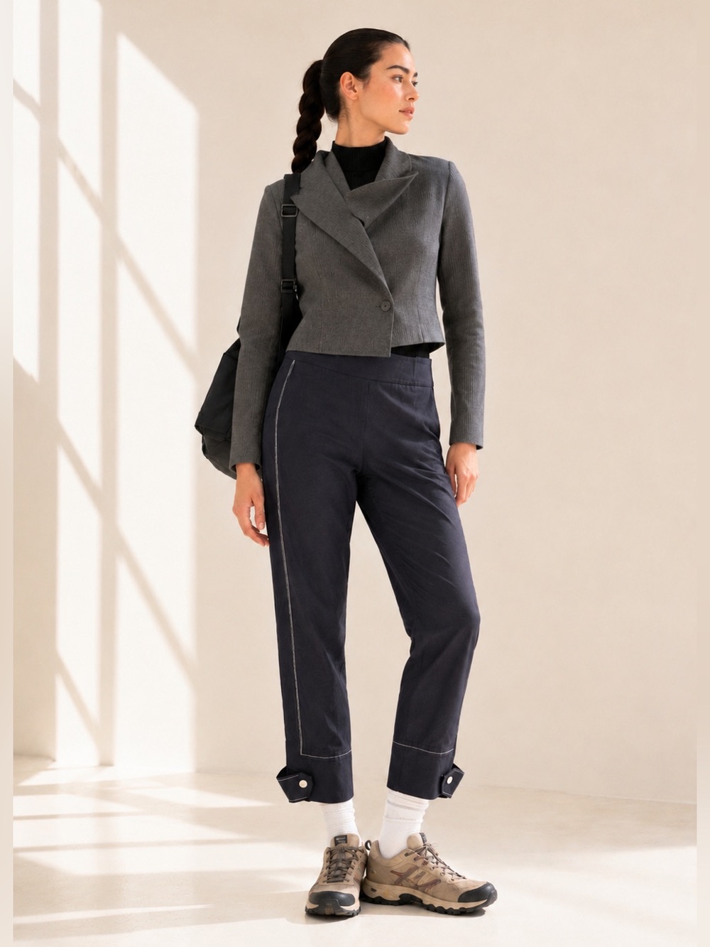 Sarah Pacini Technical Linen Ankle Pants Contrast Stitch Italy Designer Size S